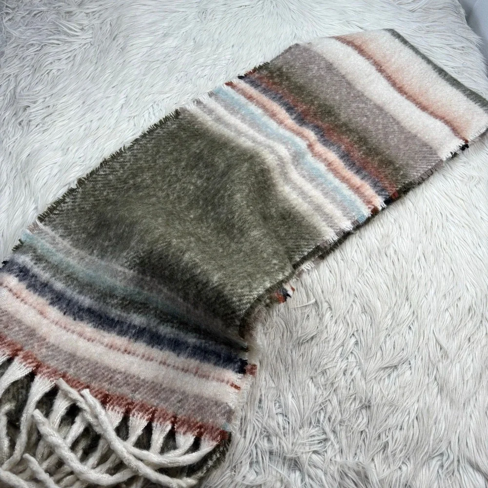Free People Plush Knit Multi-Color Striped Oversized Blanket Scarf Fringe Cozy